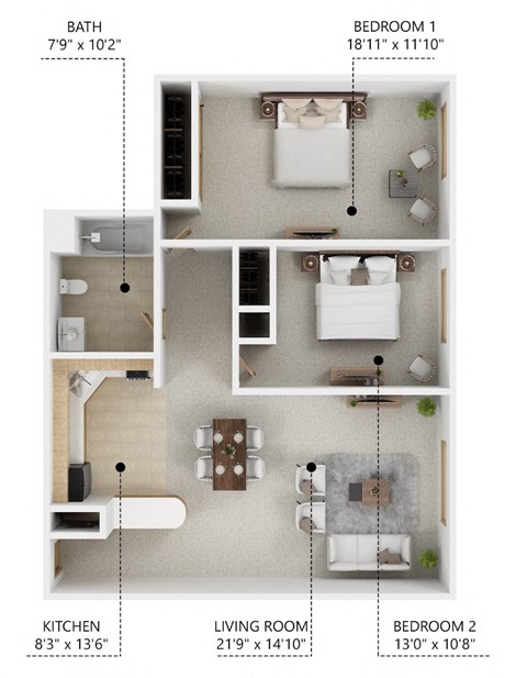 Floor plan for 2 beds, 1 bath, 840 sqft